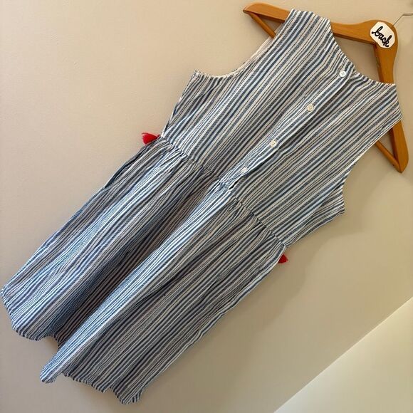 THML Blue White Vertical Striped 100% Cotton Dress Pockets Red Tassels women's S - Picture 3 of 12